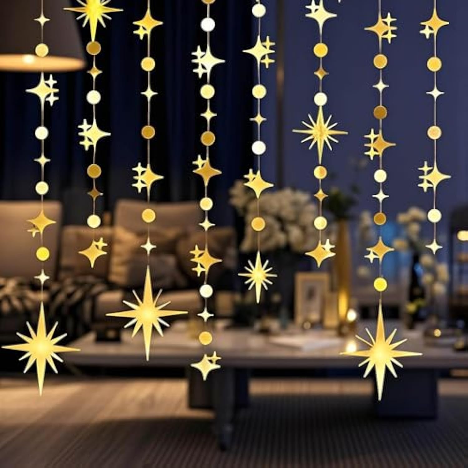 Glitter Gold Star Circle Dot Garland 30 Feet Twinkle Gold Star Circle Dot Ceiling Hanging Banner Backdrop For Birthday Wedding Baby Shower Graduation Disco Party Decorations