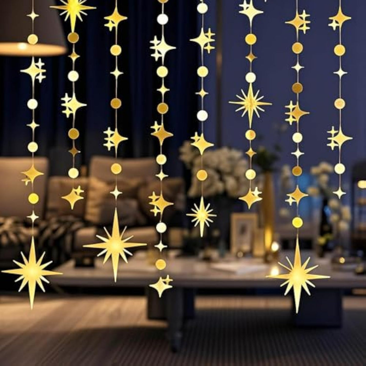 Glitter Gold Star Circle Dot Garland 30 Feet Twinkle Gold Star Circle Dot Ceiling Hanging Banner Backdrop For Birthday Wedding Baby Shower Graduation Disco Party Decorations