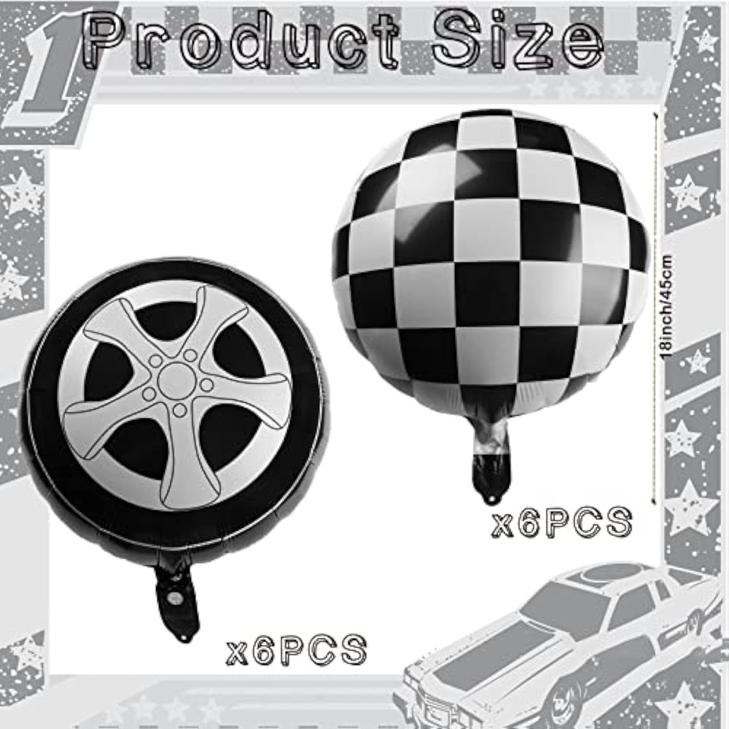 Race Car Balloons: Tire & Checkered Flag Foil Balloons - 18 Inch, 12 Pcs
