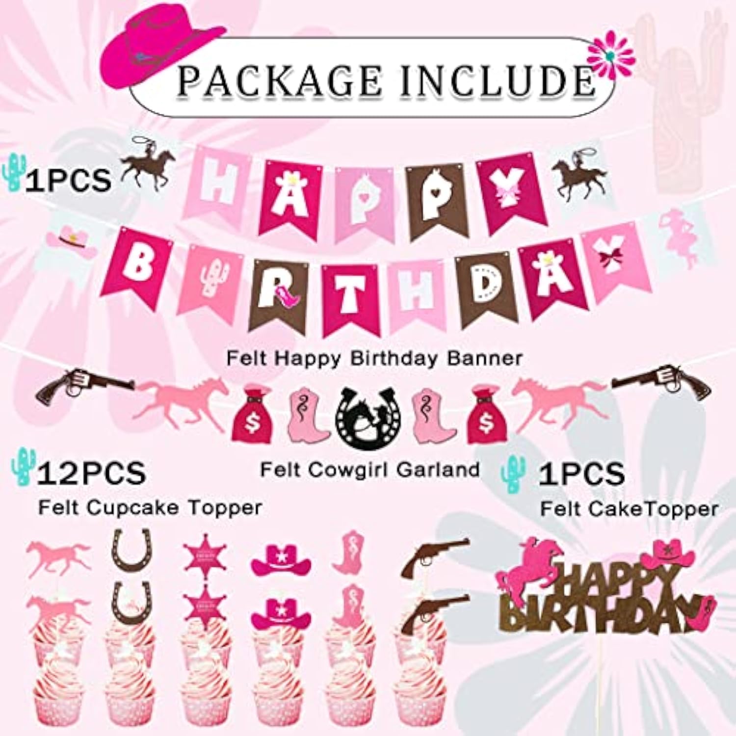 Pink Cowgirl Birthday Party Decor – Western Rodeo Theme with Banner, Balloons, Garland & Toppers