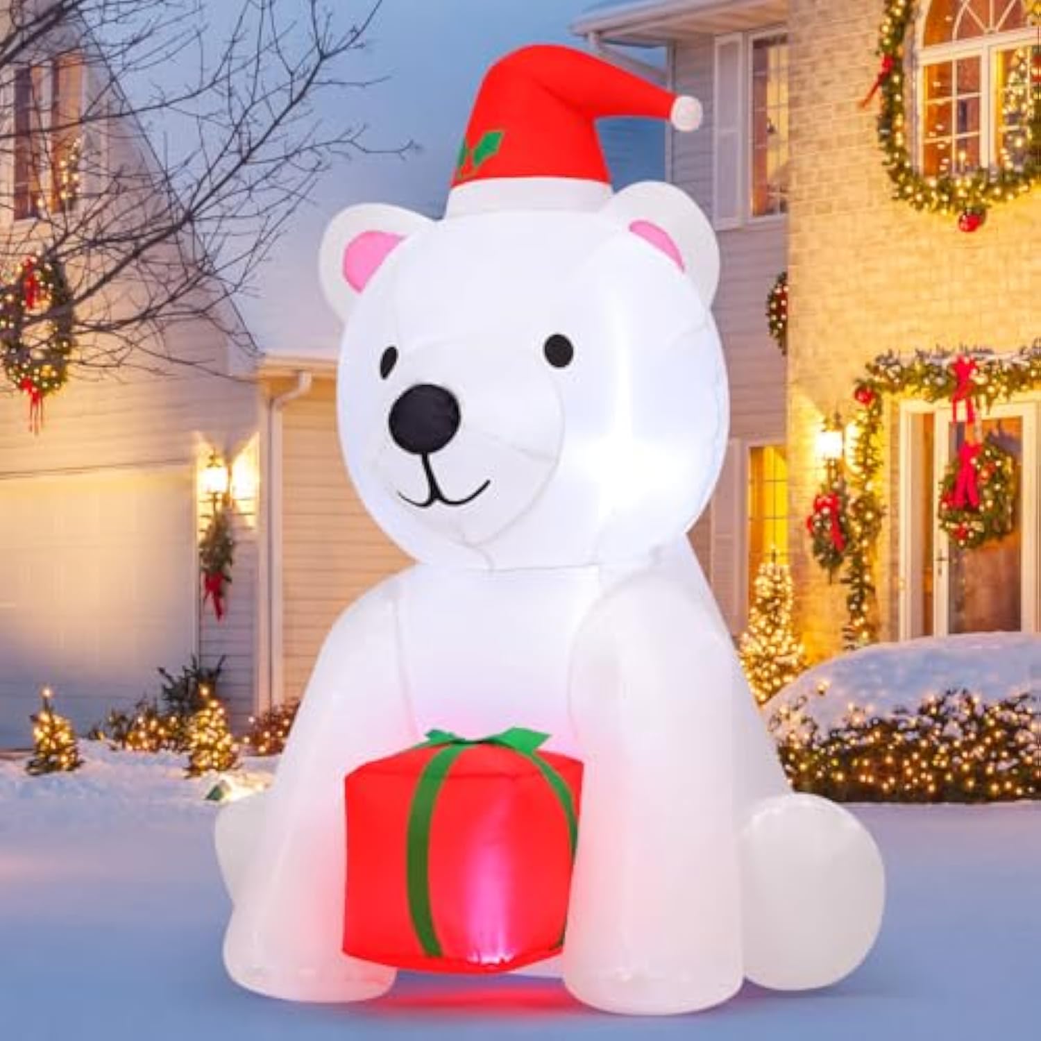 5 Ft Christmas Inflatable Bear Outdoor Decorations Blow Up Yard A White Bear Holding A Present With Built-In Leds For In