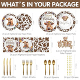 Highland Cow Birthday Decorations, Floral Boho Holy Cow Print Highland Theme Baby Shower Birthday Party Supplies, Plate, Napkin, Cup, Tablecloth, Balloon, Banner, Cutlery, Topper, Serves 24