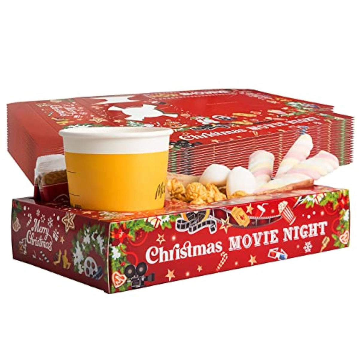 20 Pcs Christmas Party Supplies Movie Night Paper Snack Trays Xmas Party Decorations Movie Night Party Christmas Birthday Party Favors Party Snowman Family Movie Popcorn&Drink&Candy Box