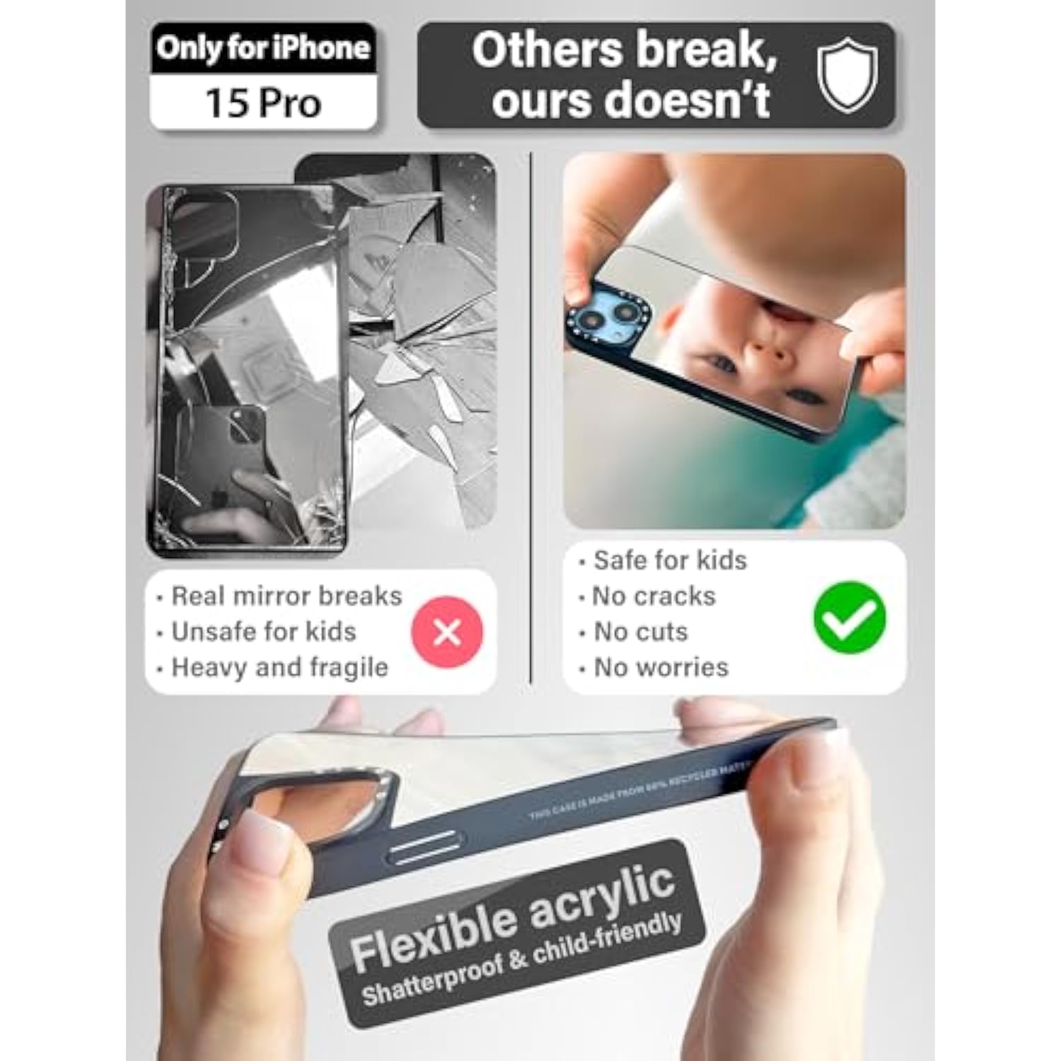 Mirror Case (For Iphone 15 Pro) With 2 Screen Protectors – Shockproof Soft Corners | Bye Bye Pocket Mirror | Cute Slim Case For Girls, Womens