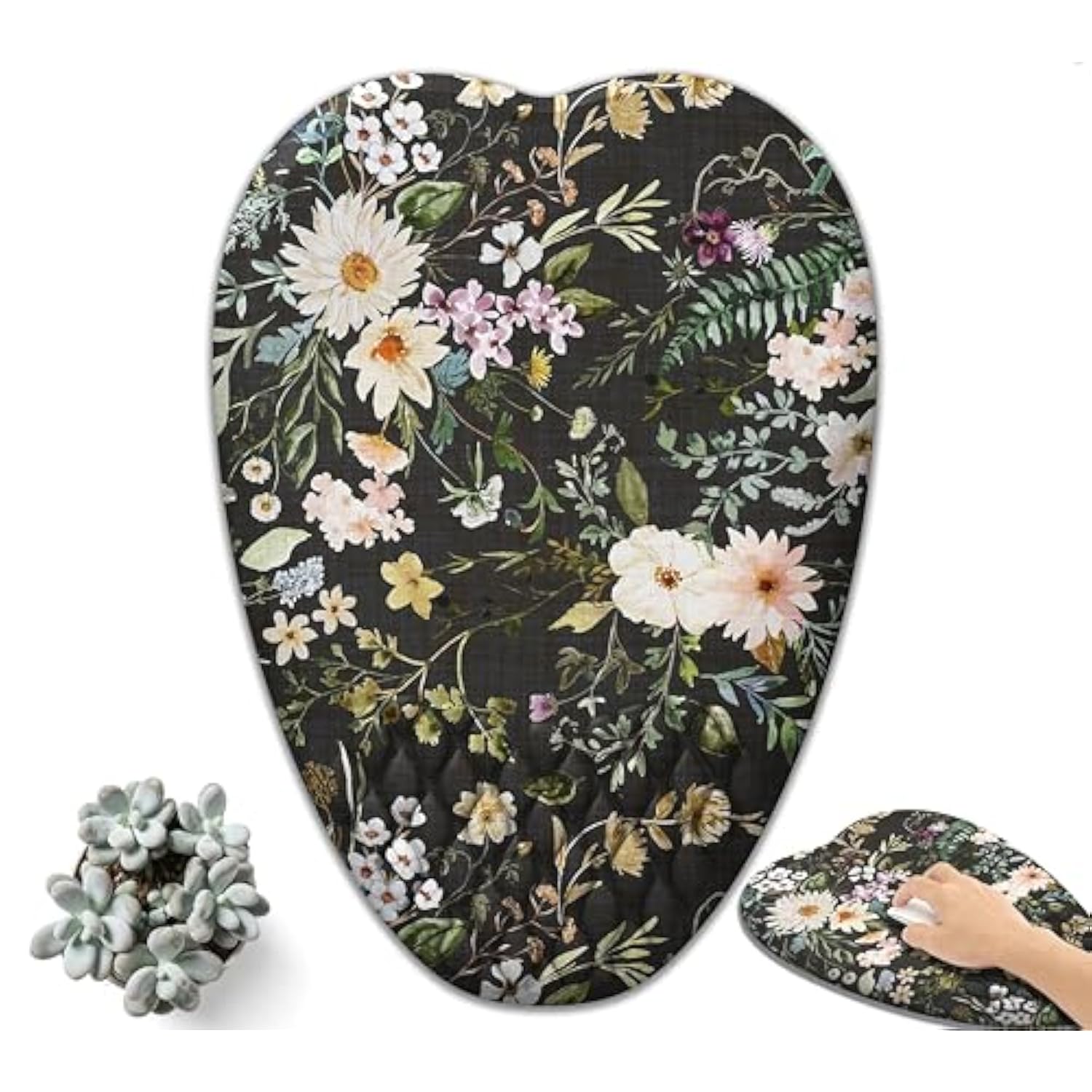 Dark Floral Ergonomic Gaming Mouse Pad With Wrist Support Boho Plant Mousepads With Wrist Rest, White Flower Mouse Pads With Heart-Shaped Design, Quality Milk Silk Fabric And Anti-Slip Pu Base