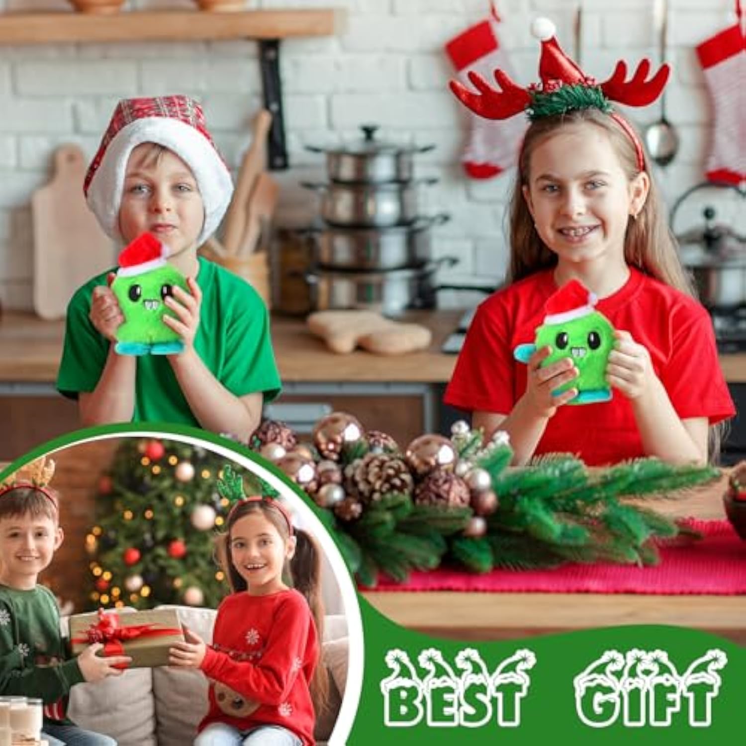 20 Packs Christmas Monster Plush Toys Set -Green Cute Stuffed Animal With Santa Hat, Small Plush Doll Gift Bags For Kids Stocking Stuffer Party Favor Classroom Exchange
