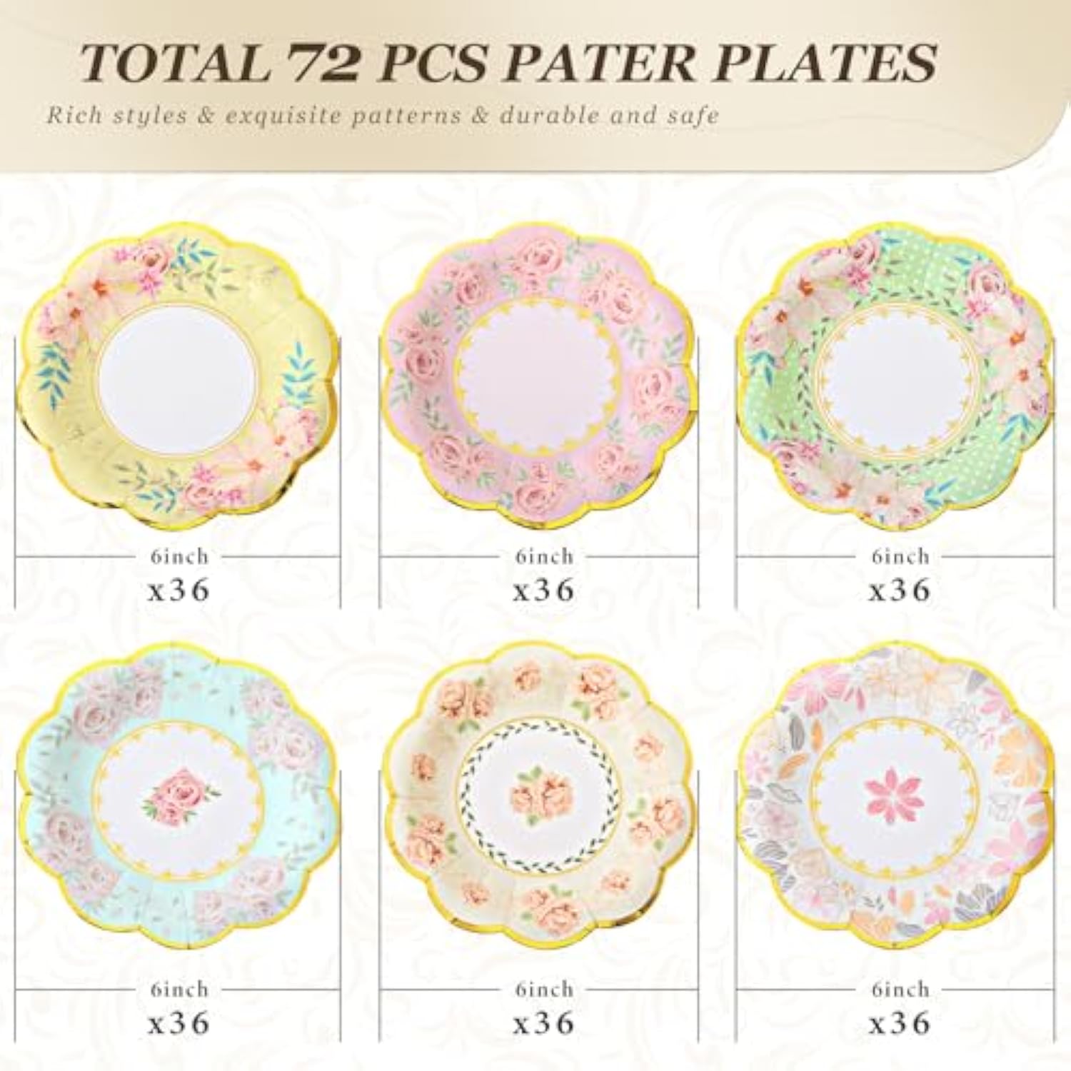 72 Pcs 6 Inch Floral Paper Plates With Gold Rim Disposable Flower Plates For Tea Party Decorations Birthday Baby Shower Wedding Bridal Supplies