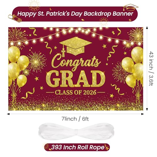 Red Gold Class of 2026 Graduation Backdrop Party Decorations, 71×43'' Congrats Grad Banner Decor, High School College Graduation Party Supplies & Photo Props