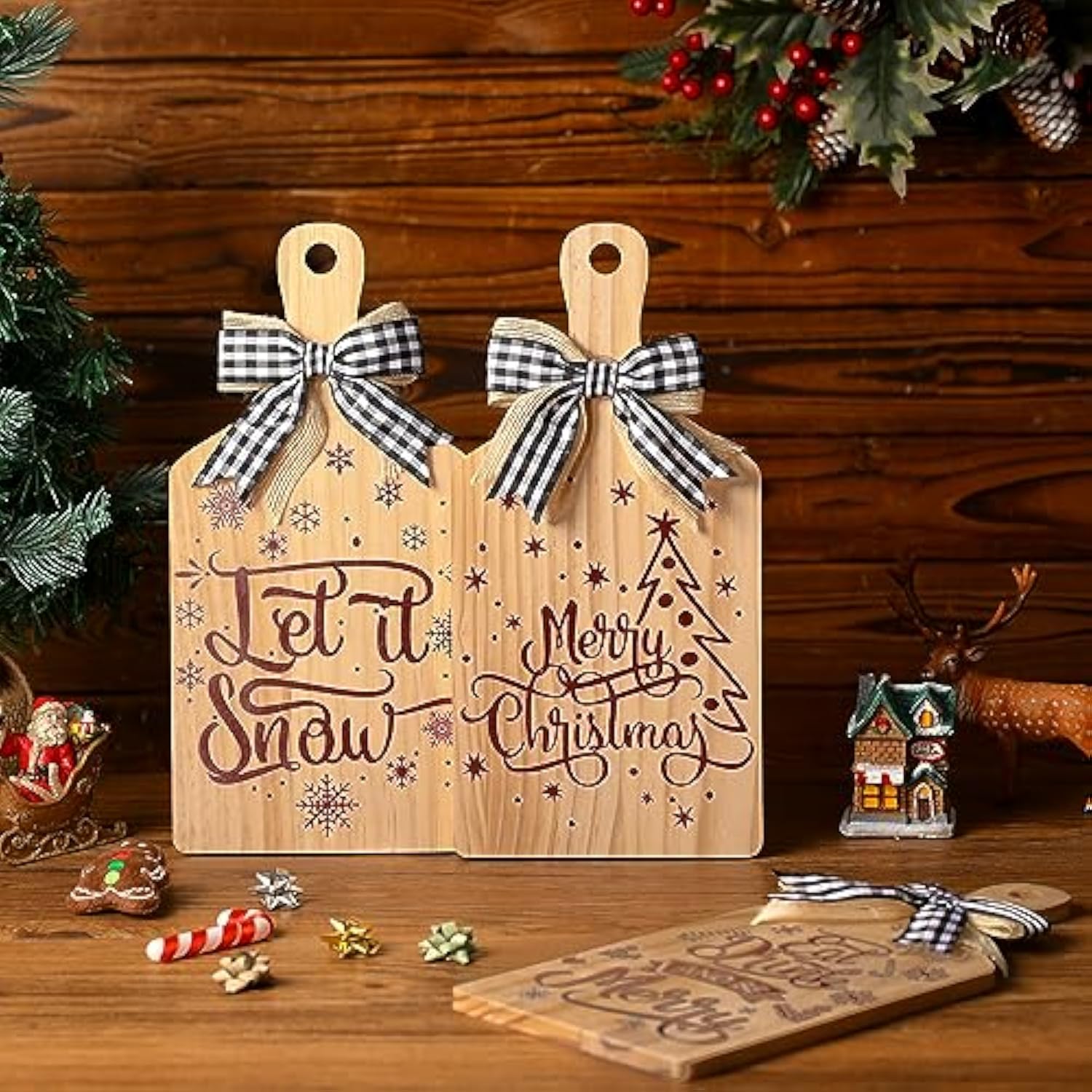 3 Pcs Merry Christmas Decorative Wood Cutting Board Let It Snow Decoration Farmhouse Table Shelf Decorations Wooden Home Decoration Christmas Kitchen Gifts
