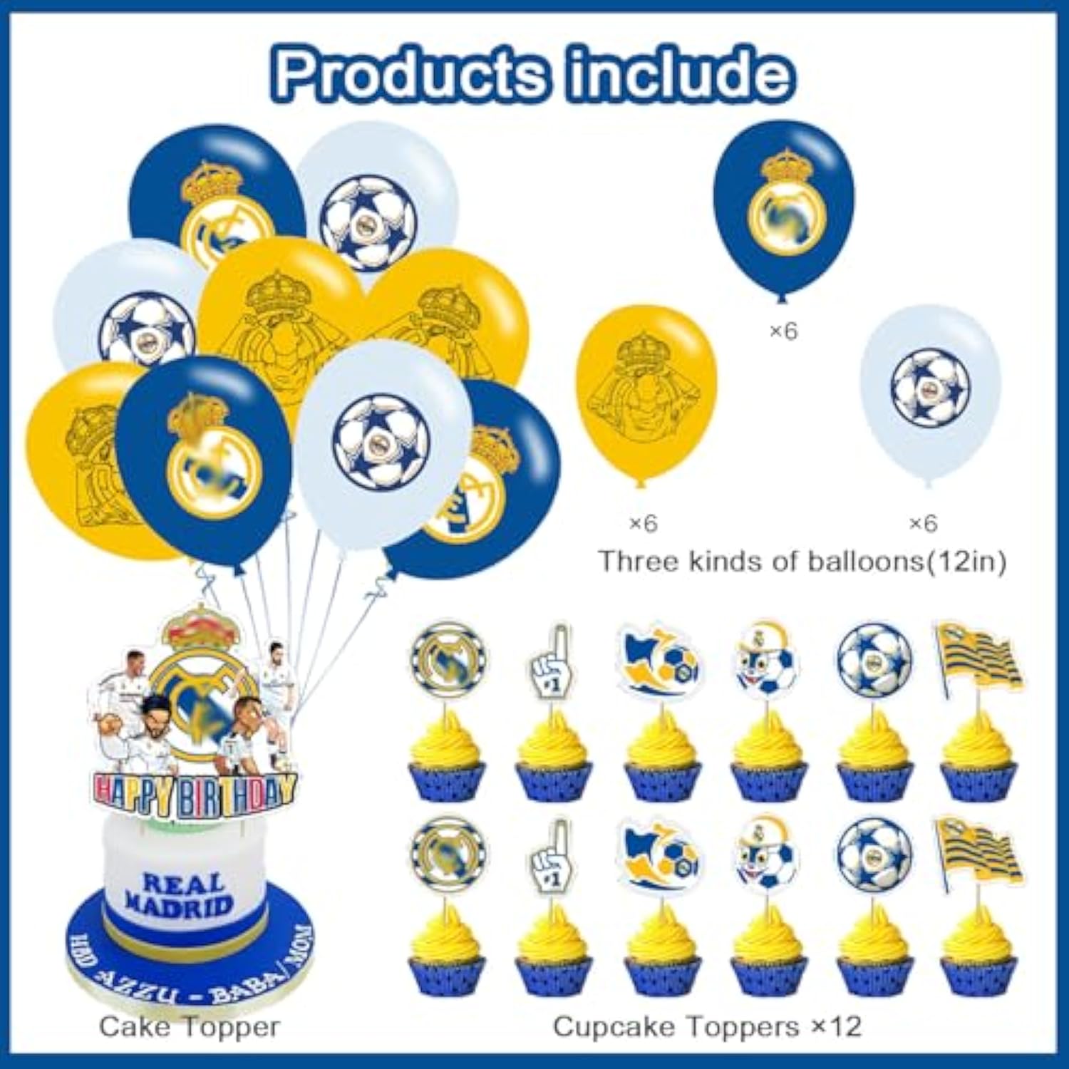 Madrid Soccer Cf Soccer Theme Party Supplies With Happy Birthday Banner, Cake Topper, Cupcake Toppers, Foil Balloons For Fans Adults Party Favors