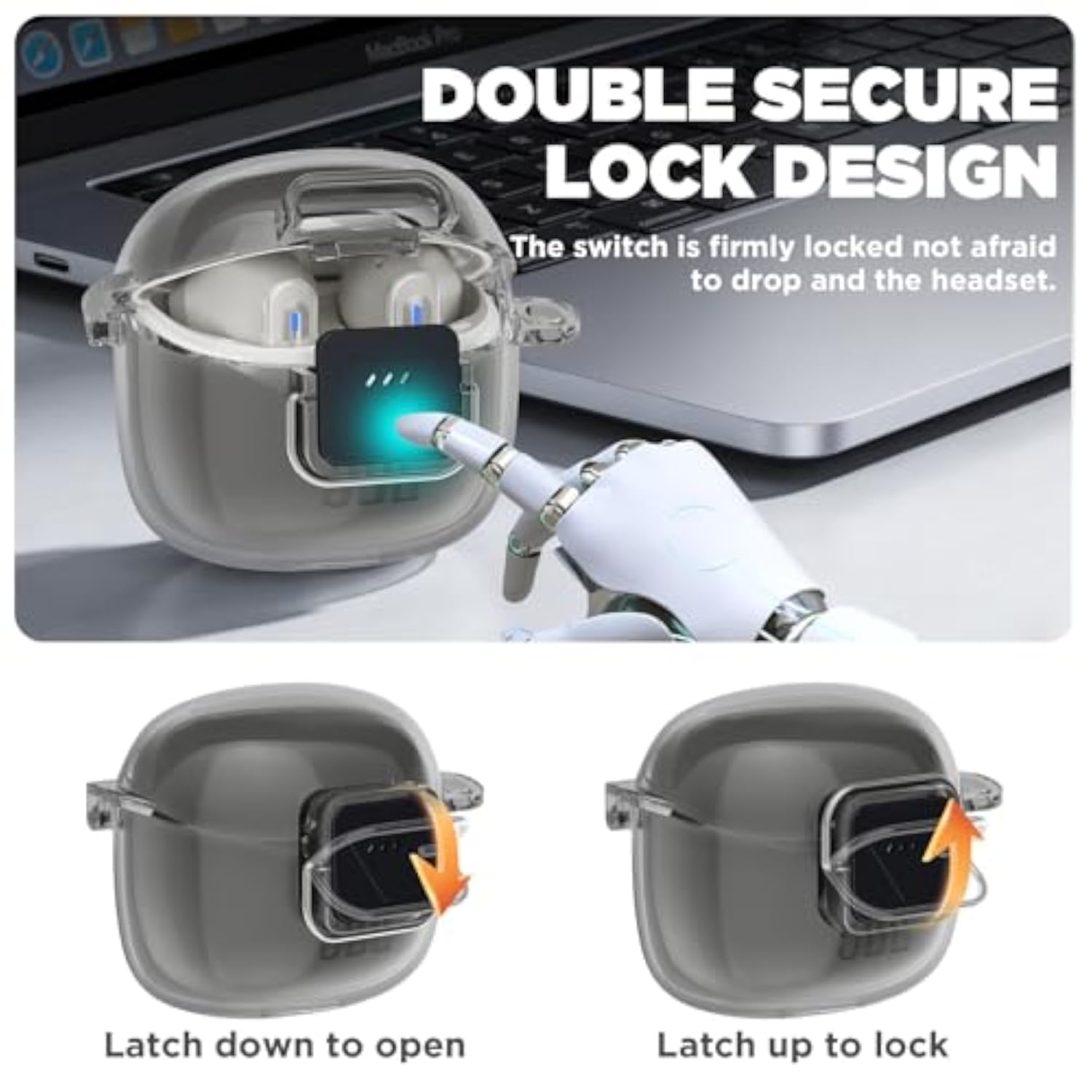Double Security Lock Protective Case Cover for JBL Tune Flex 2 Charging Case with Carabiner and Cleaning Pen Kit, Anti-Scratch Shockproof Clear TPU Compatible with JBL Tune Flex 2 Charging Case (Clear Grey)