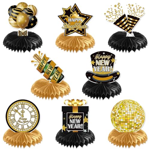 8 Pcs Happy New Years Party Honeycomb Centerpiece, Black Gold Paper Honeycomb Centerpiece Decorations, Happy New Year Theme Table Topper Centerpieces for 2026 New Year Party Supplies Photo Prop