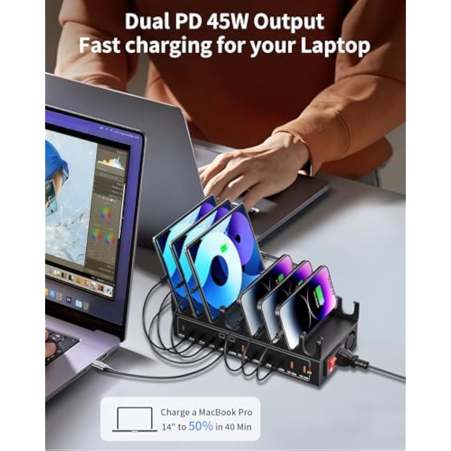 360W Charging Station For Multiple Devices, 12-Port Usb C Charging Station With Double 45W Pd Pps Port, Multi Device Fast Charger Dock For Macbook Pro Laptop, Iphone, Ipad, Tablet, Android Cell Phone
