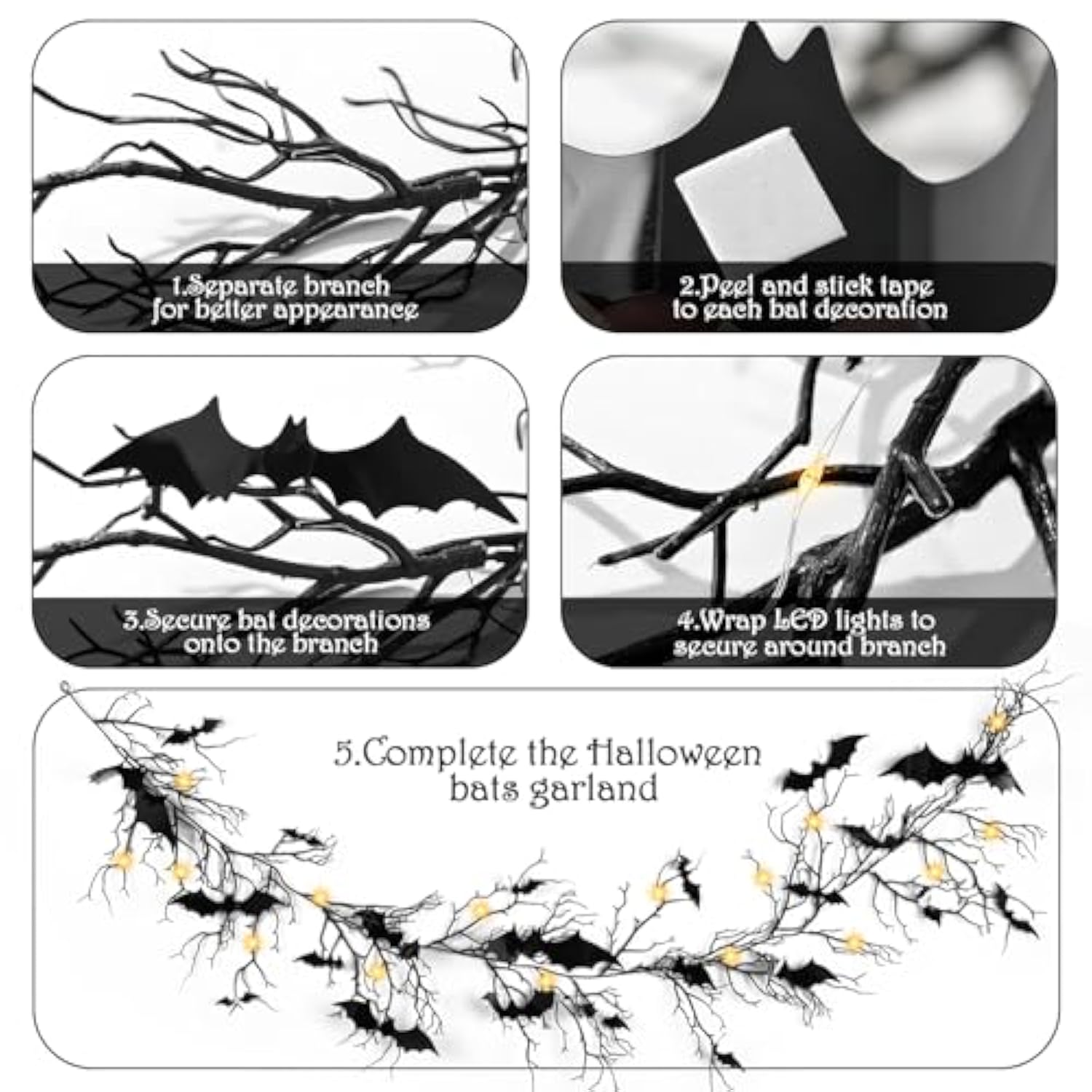 Gothic Halloween Banner: 1Pc Haunted Bat Dark Dead Branch Halloween Party Banner With Led Lights, Decorative Bat Vine Twig Garland Decorations For Home Wall Mantel Doorways Front Decor