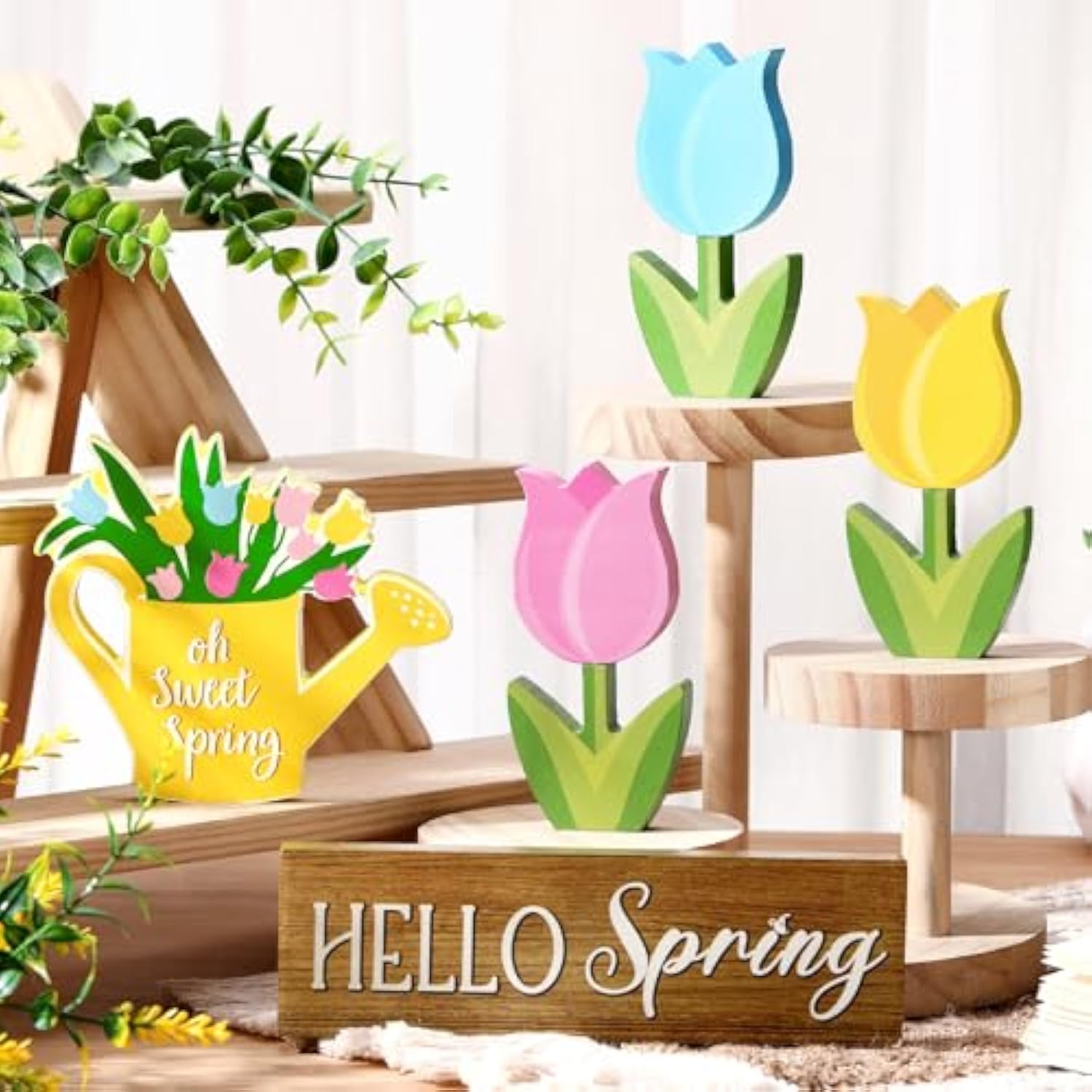 5 Pcs Spring Tulip Wood Table Decor Hello Spring Tiered Tray Decor Set Rustic Farmhouse Tulip Flowers Shower Tabletop Decoration Floral Wood Table Sign Centerpieces For Home Shelf(Tulip)