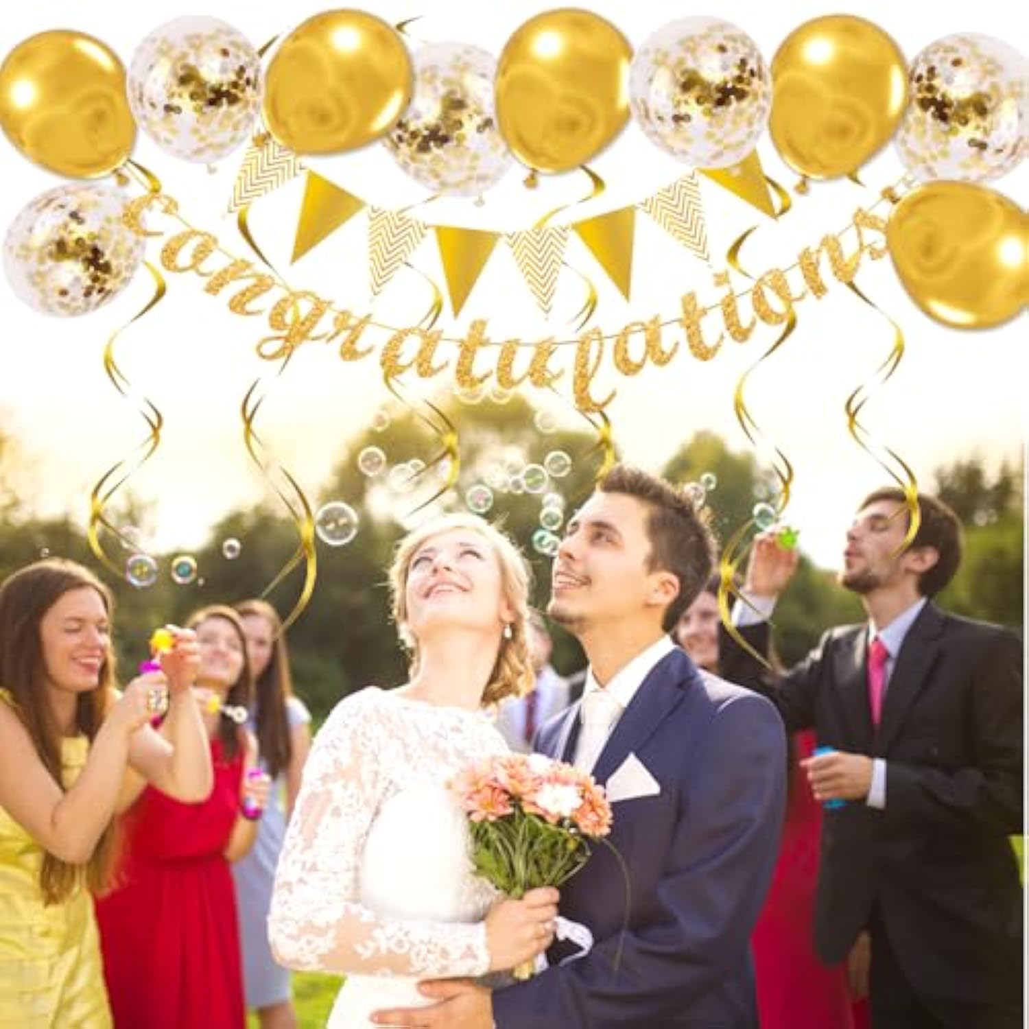 Congratulations Banner Kit - Glitter Congratulation Banner, Triangle Flag Banner, Star Circle Dots Garland, Hanging Swirls, Pre-Assembled Decorations For Graduation, Birthday, Anniversary Party Favors