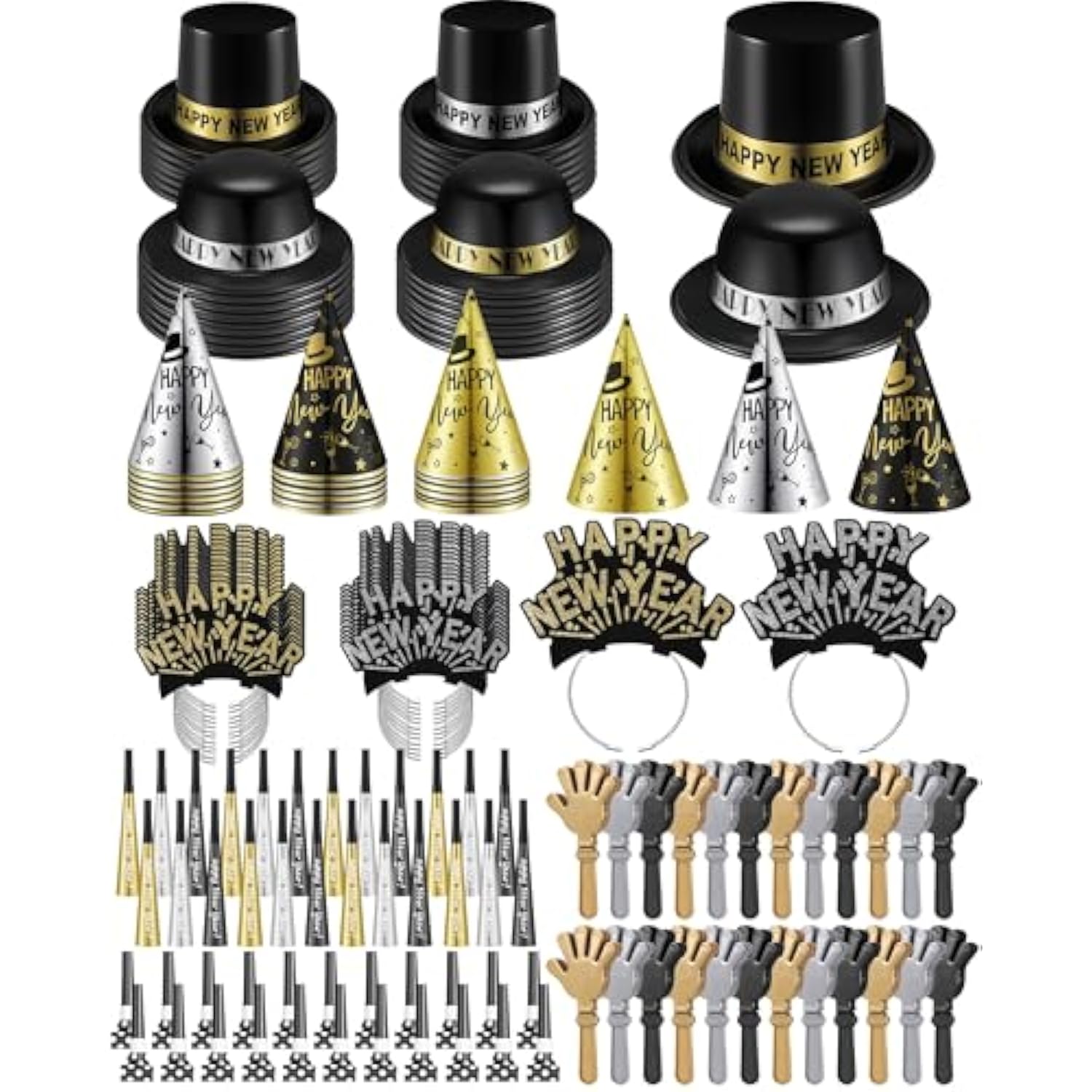 200pcs New Year 2026 Party Favors Black Gold Silver Hats Noise Makers