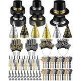 200pcs New Year 2026 Party Favors Black Gold Silver Hats Noise Makers