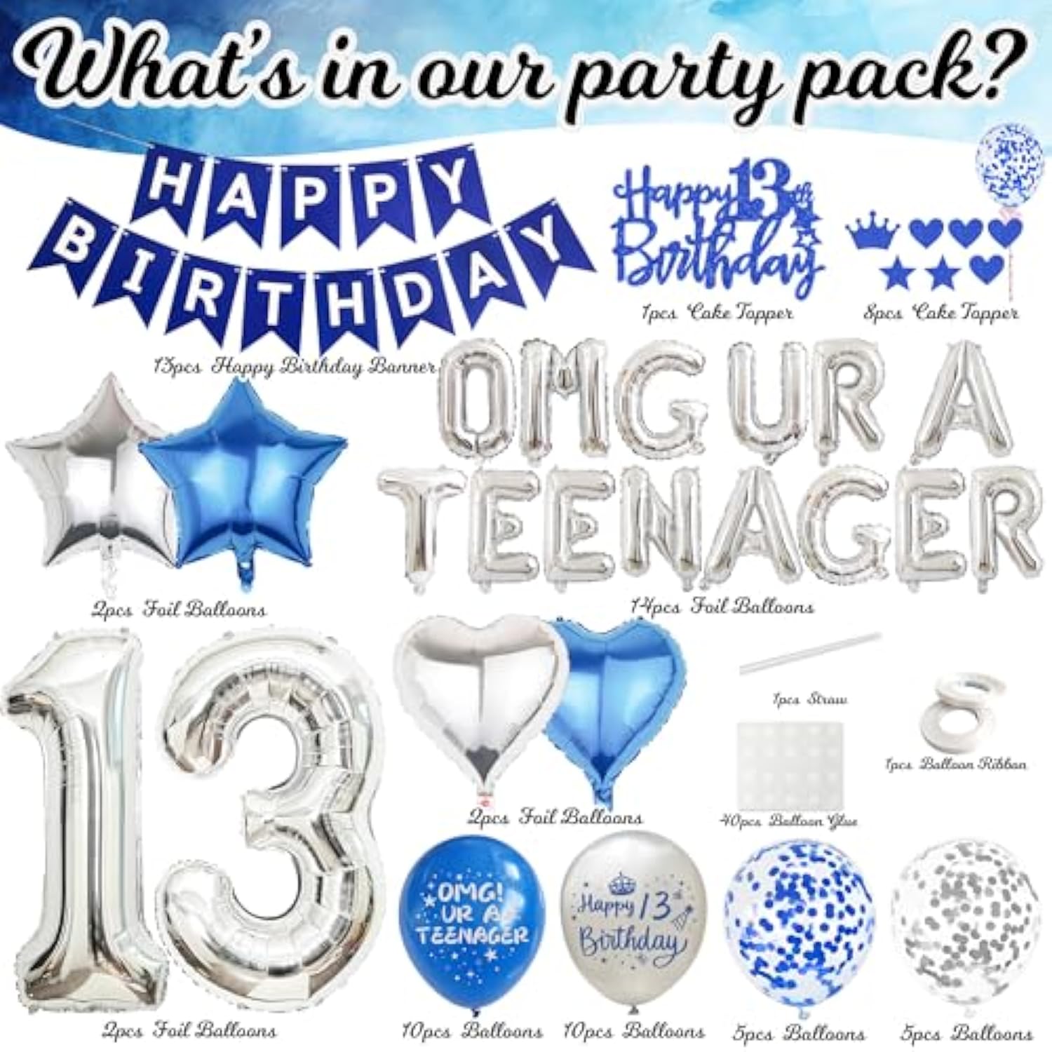13Th Birthday Decorations For Boys - Teenager Party Supplies Blue Silver Happy Birthday Banner, Omg Ur A Teenager Foil Balloons Number 13 Balloon Cake Topper For 13 Year Old Teen