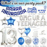 13Th Birthday Decorations For Boys - Teenager Party Supplies Blue Silver Happy Birthday Banner, Omg Ur A Teenager Foil Balloons Number 13 Balloon Cake Topper For 13 Year Old Teen
