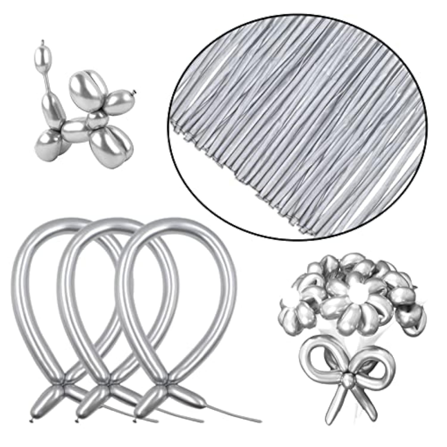 100-Pack Silver Metallic 260 Long Balloons – Shiny Latex Modeling Balloons for DIY Parties & Events