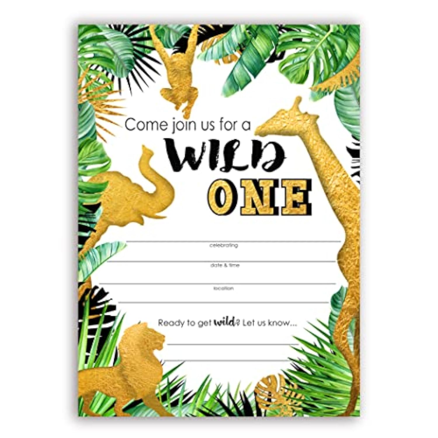 Golden Safari Birthday Party Invitations - 40 Pieces - 20 Invitations + 20 Envelopes - Jungle Party Supplies - Gold Safari Party Supplies - Gold Safari Decorations - Jungle Birthday Party Invitations - Hb 20Ct