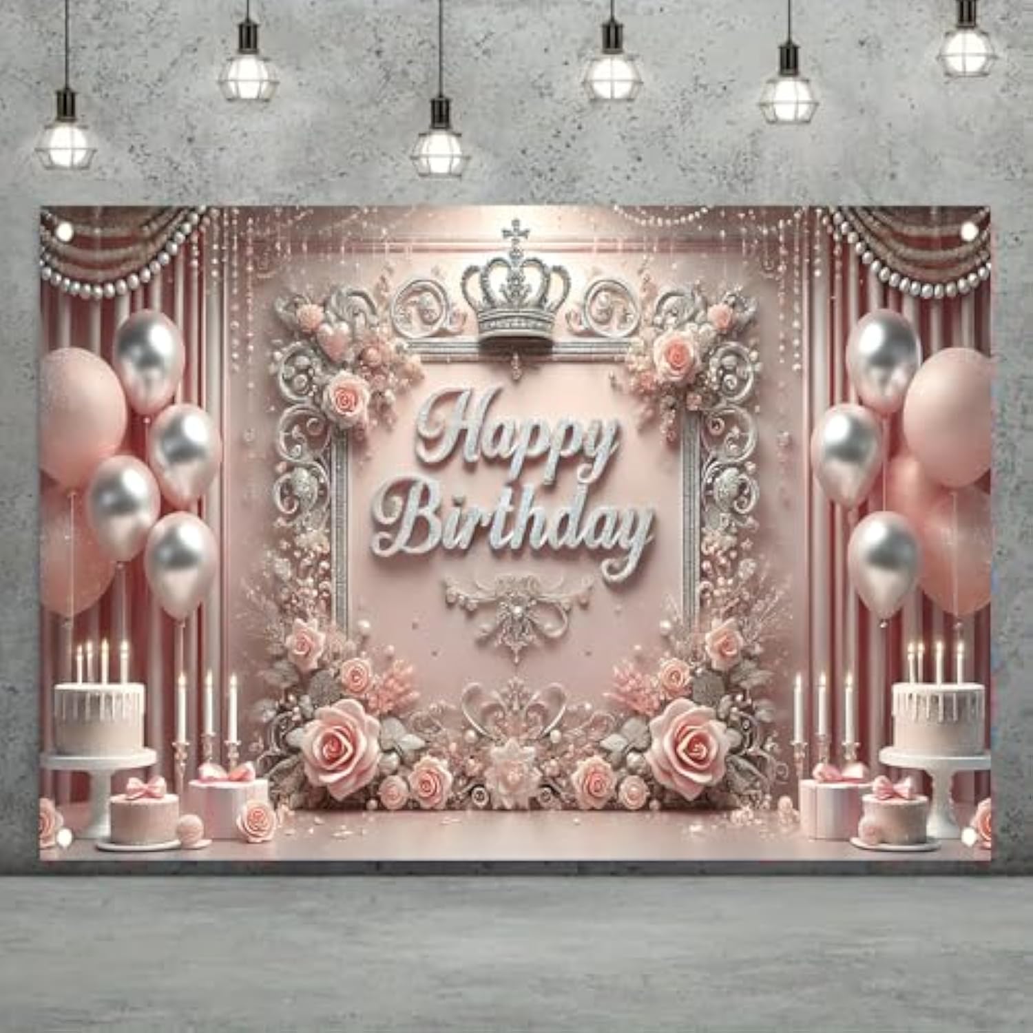 Elegant Pink Princess Birthday Banner Backdrop with Crown & Roses
