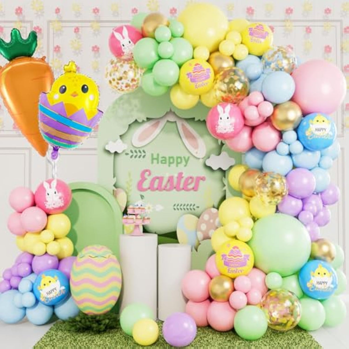 Easter Balloon Garland Arch Kit, Pastel Balloon Arch Macaron Balloons With Chicken Egg Carrot Foil Balloons For Happy Easter Party Birthday Party Supplies Baby Shower Decorations