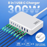 Usb C Charger 300W Usb C Charger Block 8-Ports Gan Iv Fast Charging Station,Pd 100W Laptop Charging Hub Wall Charge Adapter Compatible With Macbook/Air,Dell,Steam Desk,Iphone 16/15/14,Galaxy