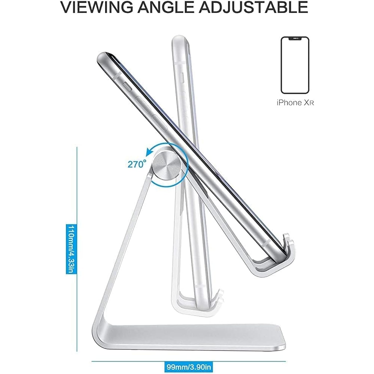 Adjustable Cell Phone Stand, Omoton Aluminum Desktop Cellphone Stand With Antislip Base And Convenient Charging Port, Fits All Smart Phones, Silver