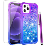 Purple Blue Glitter Bling Floating Liquid Cute Women Girls Phone Case for iPhone 12/12 Pro with Tempered Glass Screen Protector