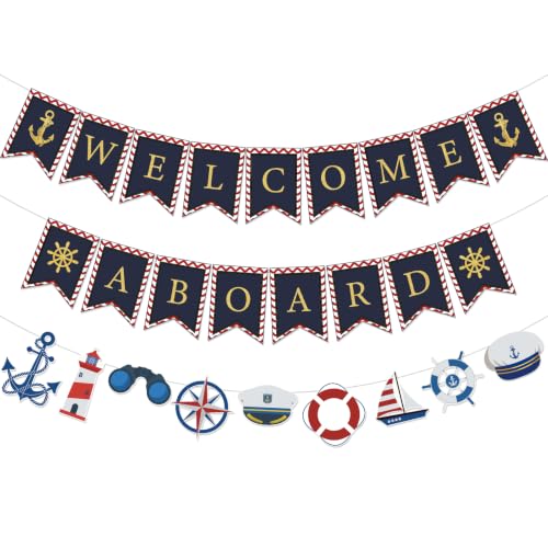 Welcome Aboard Decorations Blue Gold Welcome Aboard Banner Nautical Sailboat Lighthouse Hanging Bunting for Kids Adults Baby Shower Ocean Cruise Ship Birthday Adventure Party Supplies