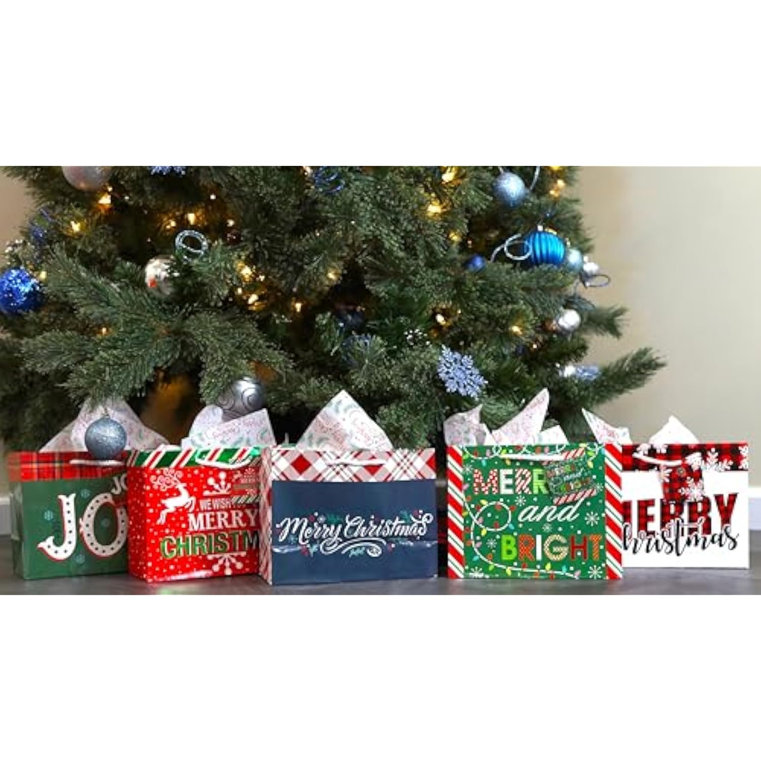 Medium Gift Bags With Tissue Paper For Christmas 24-Pack Fun Bright Designs Merry Christmas, Joy, Holidays
