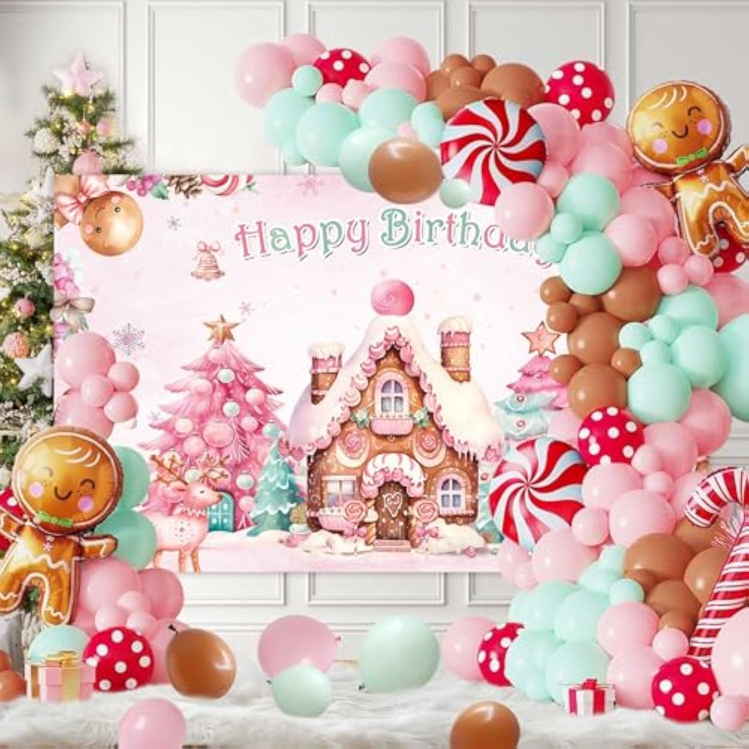 Christmas Gingerbread House Happy Birthday Party Decorations 140Pcs Gingerbread Balloon Arch Garland Kit Winter Merry Xmas Pink Bday Snowflake Candyland Banner Backdrop