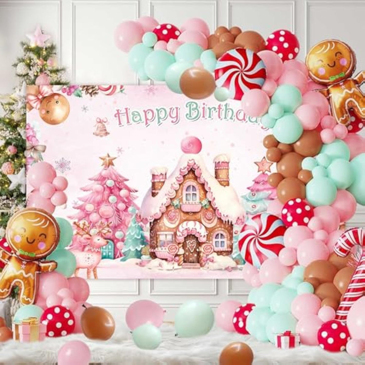 Christmas Gingerbread House Happy Birthday Party Decorations 140Pcs Gingerbread Balloon Arch Garland Kit Winter Merry Xmas Pink Bday Snowflake Candyland Banner Backdrop