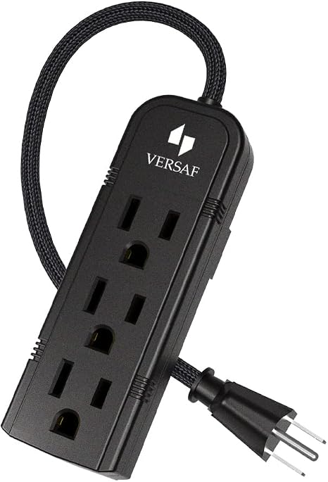 Mini 3 Outlet Power Strip 1FT Braided Cord Wall Mount Black