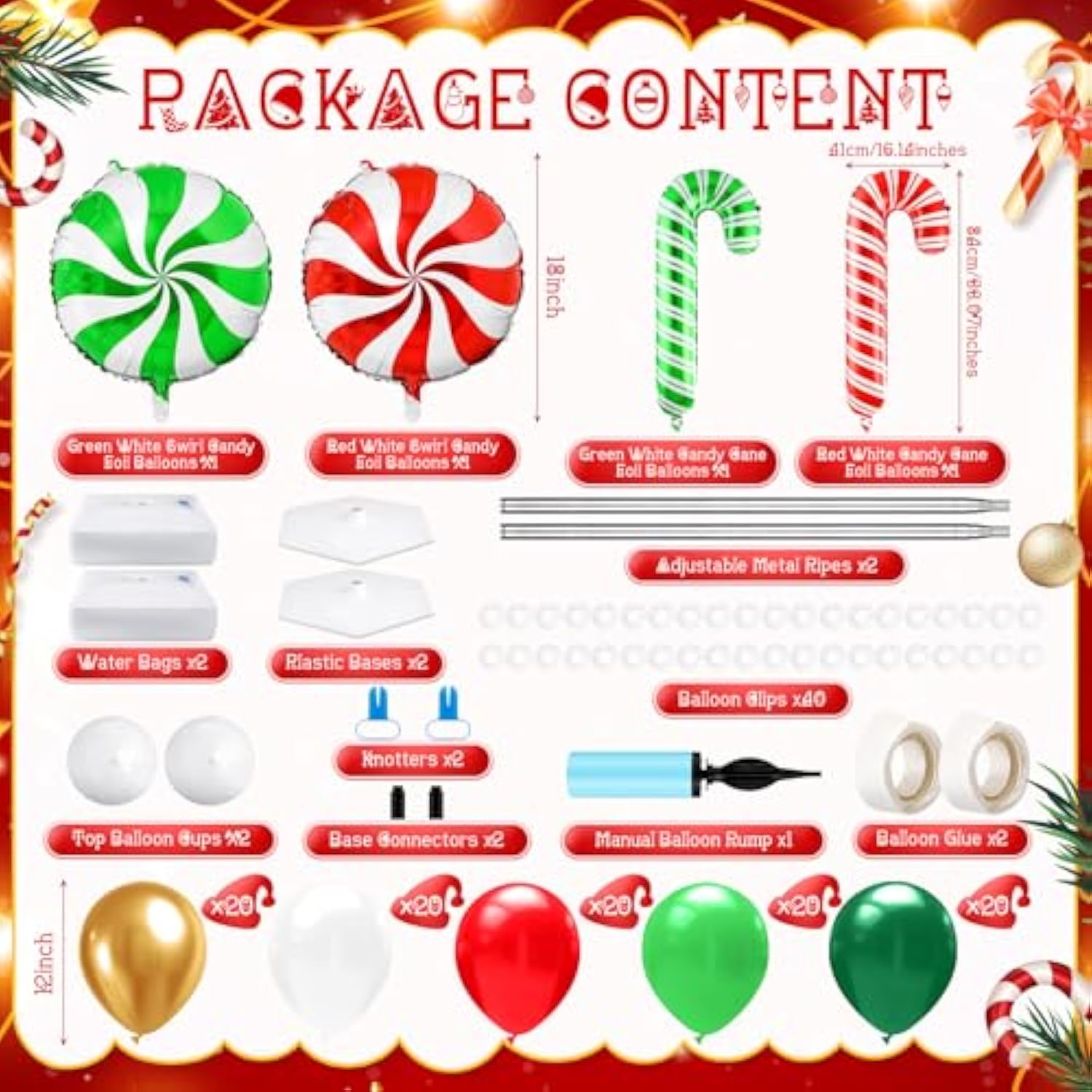 2 Sets Christmas Candy Balloon Column Red White Green Foil Arch Kit
