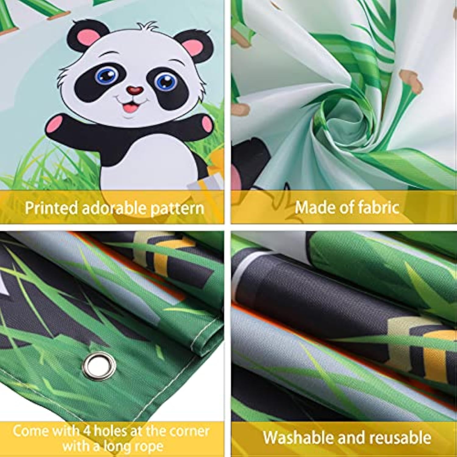 Cartoon panda party backdrop with green bamboo for kids birthday and baby shower