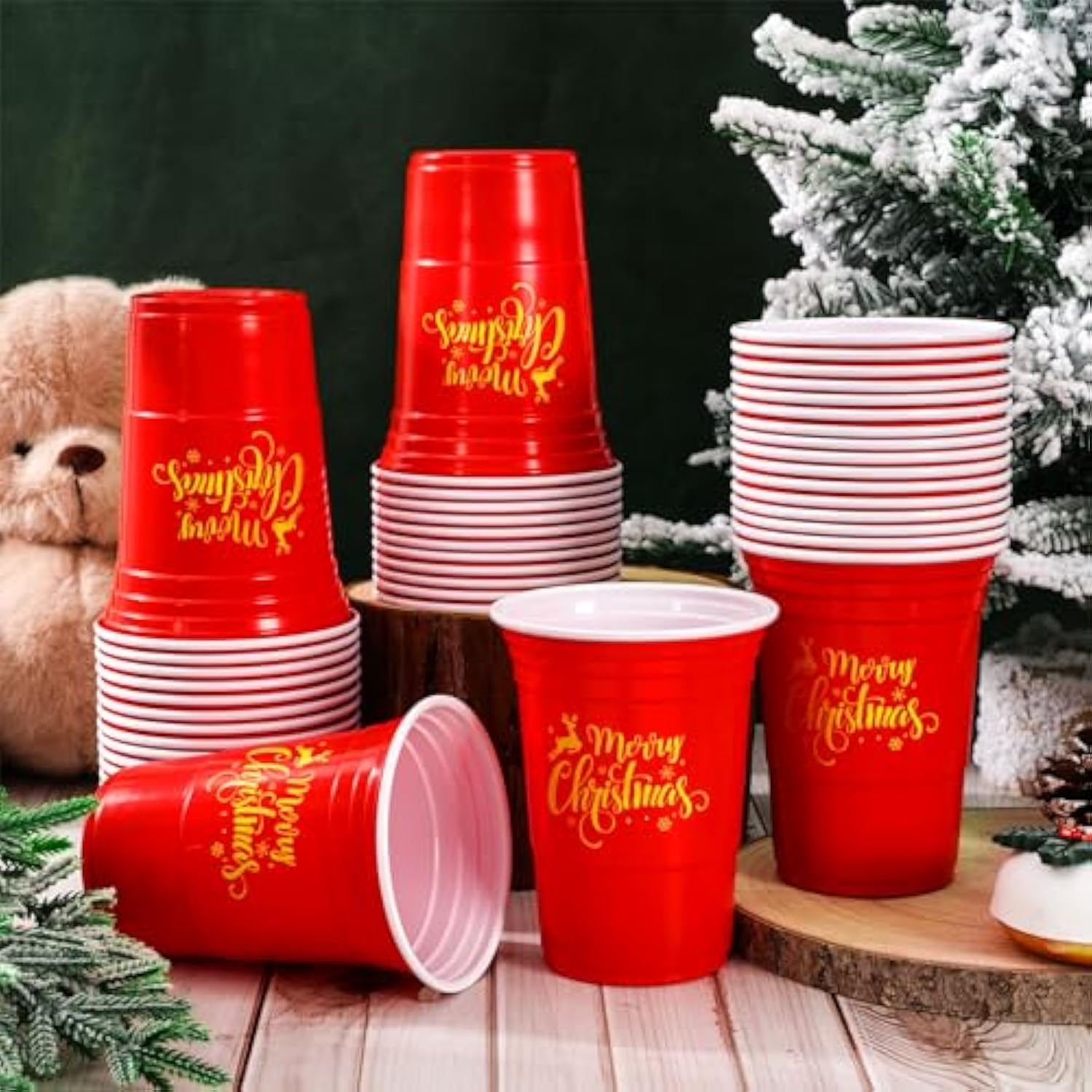 50Pcs Merry Christmas Plastic Cups 16Oz Red Gold Snowflake Deer Design Disposable Cups Decorative Xmas Party Cups For Hot Cold Drinks Coffee Juice Beer Candy Snacks