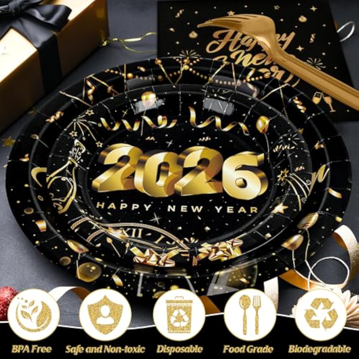 200 Pcs Nye Plates And Napkins Set, Disposable New Years Eve Party Supplies 2026, Black Gold 9" And 7" Plates Napkins Forks, Happy New Year Plates For Nye Decorations Gathering Celebration Serves 50