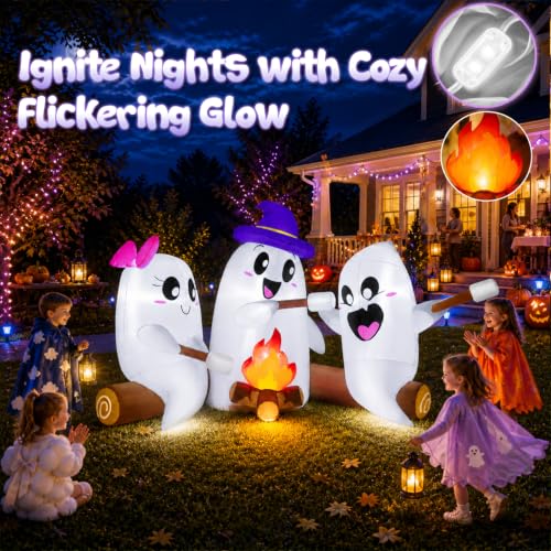 6FT Long Halloween Inflatables Decorations Outdoor Campfire Ghosts Adorable Halloween Blow up Yard Decoration Blowup Cute 3 Ghosts Roasting Marshmallows Over Campfire Built-in LEDs Party Lawn
