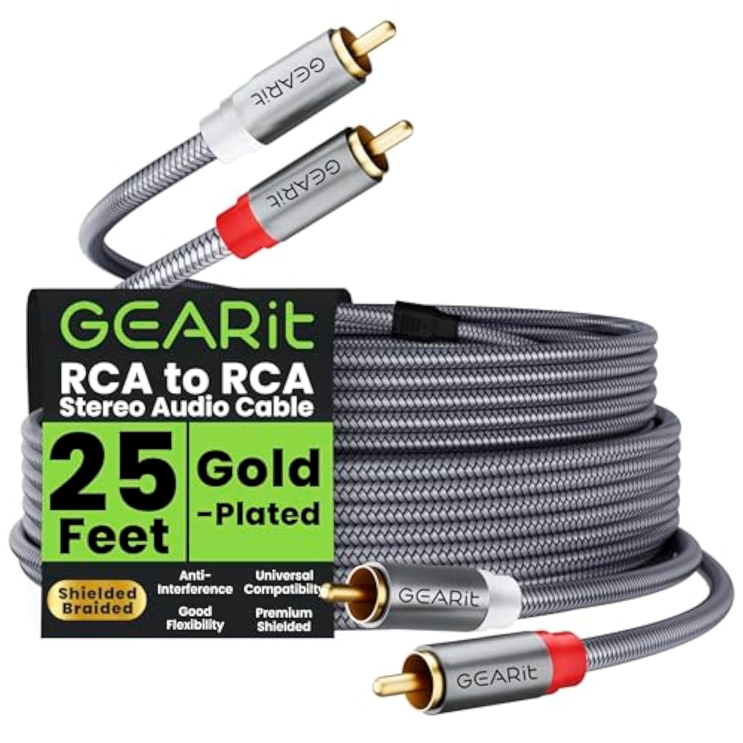 GearIT RCA Cable (25FT) 2RCA Male to 2RCA Male Stereo Audio Cables Shielded Br