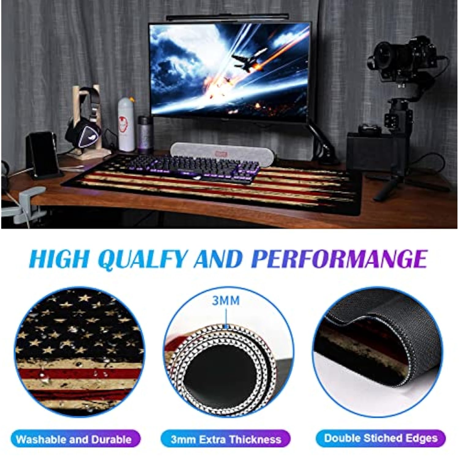 Large Extended Gaming Mouse Pad With Stitched Edges, Nonslip Waterproof Rubber Base Mouse Pad For Office, Computer, Keyboard, Laptop And Home Desk Pad 35.4 X 15.7 X 0.12 Inch (American Antique Flag)