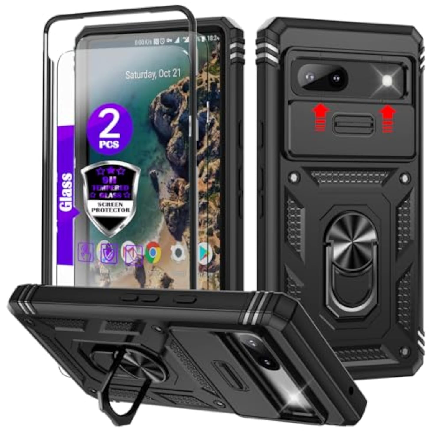 Pixel 7A Case with Camera Cover Slider, 2*Tempered Glass Screen Protectors, 360°Rotating Ring Kickstand, Military Grade Protective Case for Pixel 7A 6.1-Inch, Black