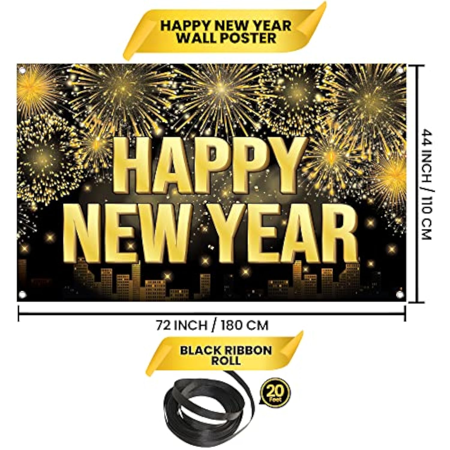 XL Happy New Year Banner 72x44 Inch 2026 Party Backdrop