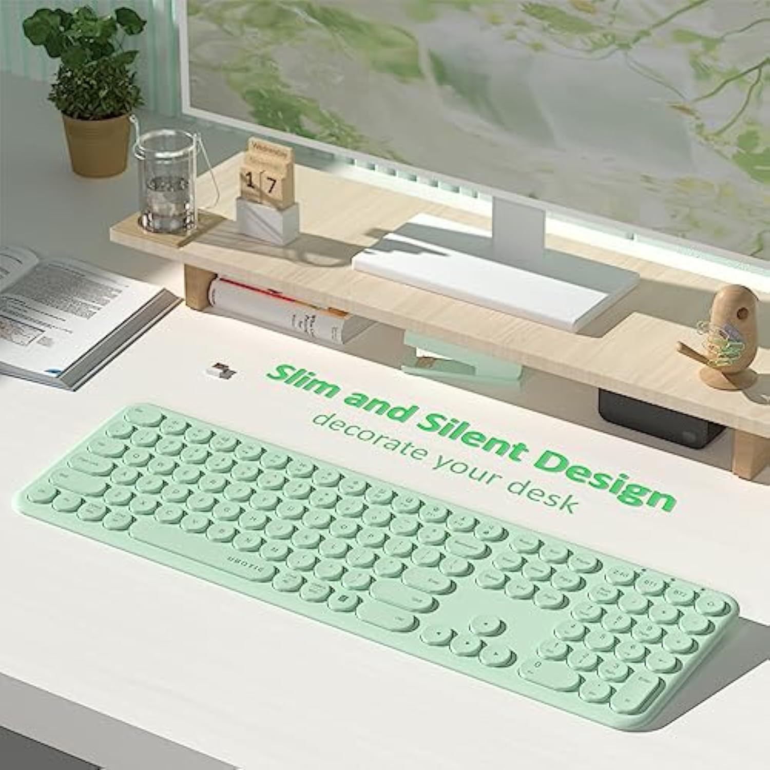 Wireless Green Keyboard, Bluetooth 2.4Ghz Dural Mode Connection Scissor Switch