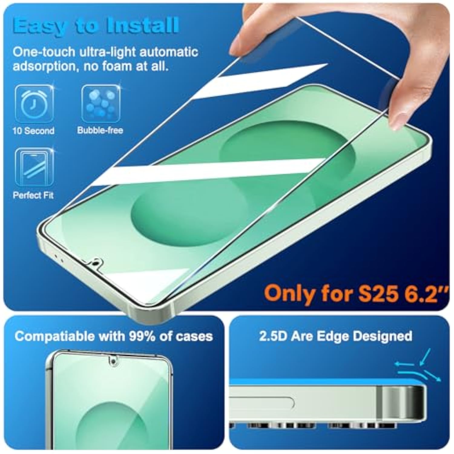 3-Pack Screen & 3-Pack Camera Protector for Samsung S25 [6.2"], 9H Glass, HD Clear, Case Friendly