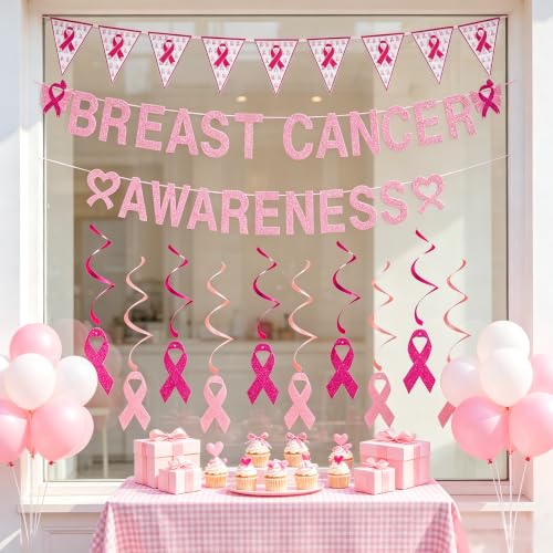 Breast Cancer Awareness Banner Decorations,Glitter Pink Ribbon Hanging Swirls for Breast Cancer Support Decor Supplies