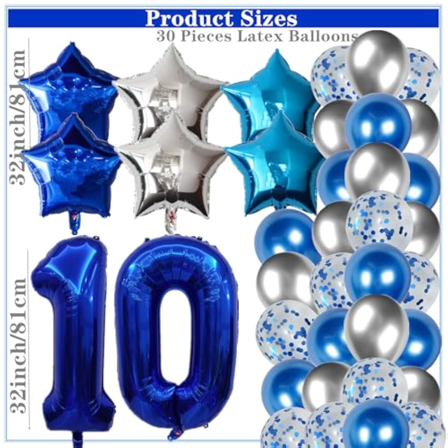 53 Pieces 10Th Birthday Decorations Double Digits Party Balloons Happy Birthday Banner Number 10 Balloons Blue Silver Foil Balloons Latex Balloons For 10 Year Old Boy Birthday Party (Blue)