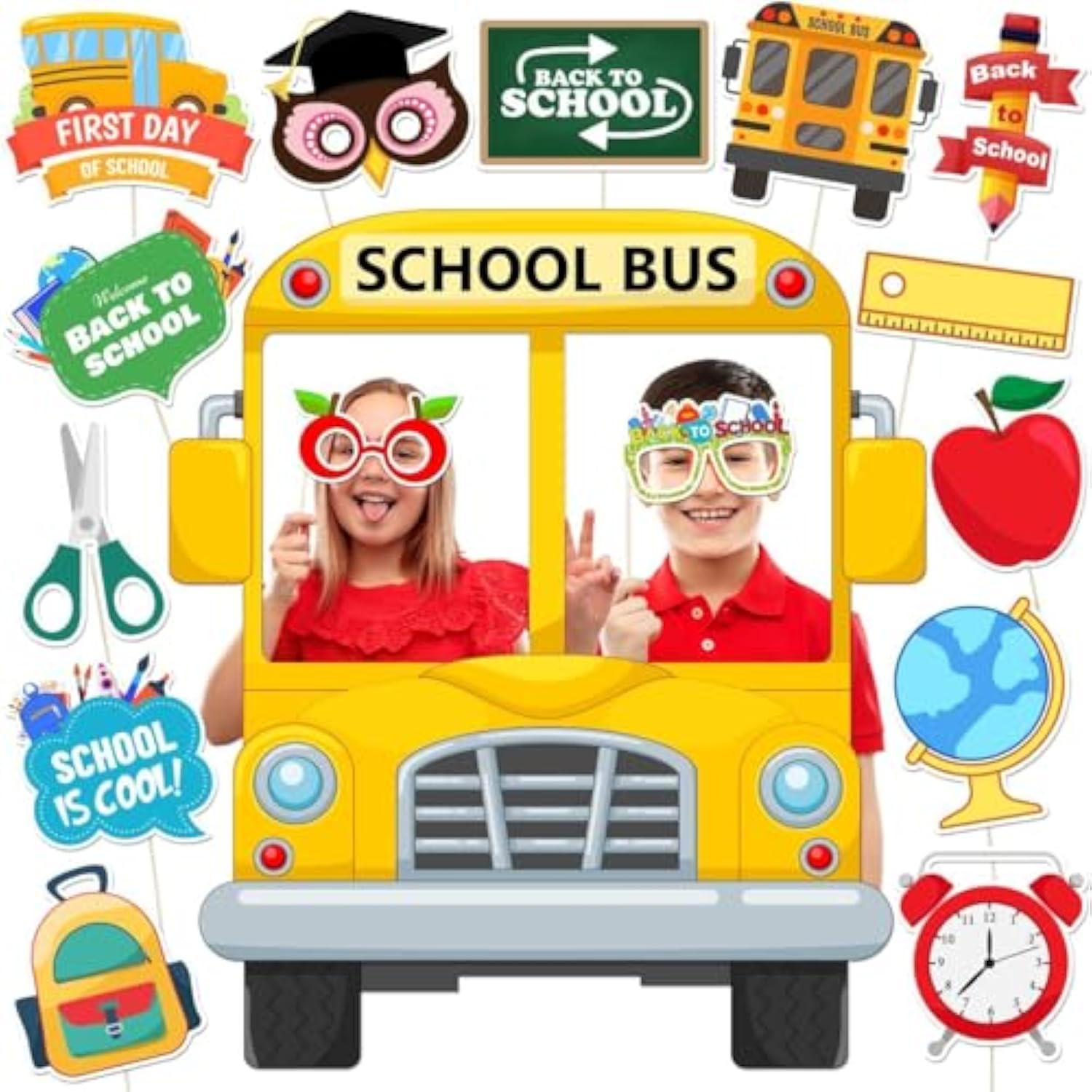 Back To School Photo Booth Props, 16Pcs Back To School Decorations With First Day Of School Bus Photo Booth Frame For Welcome Back To School Themed Decorations, Back To School Party Supplies